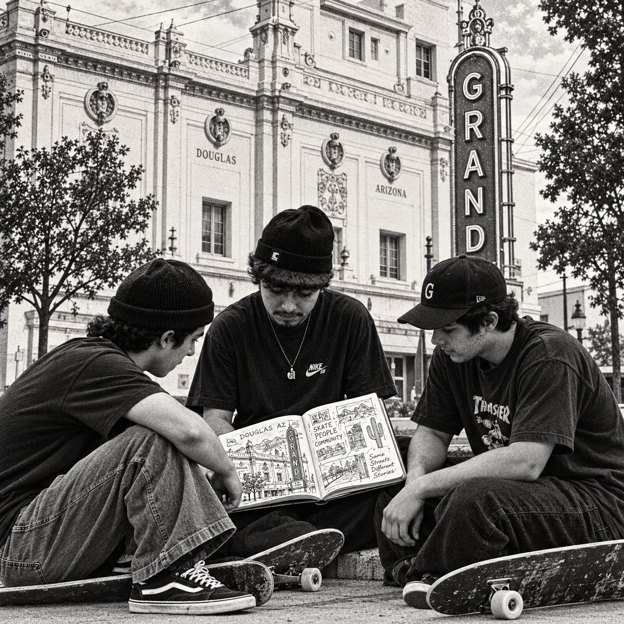 Illustrative scene of skaters reviewing a notebook near the Grand Theatre