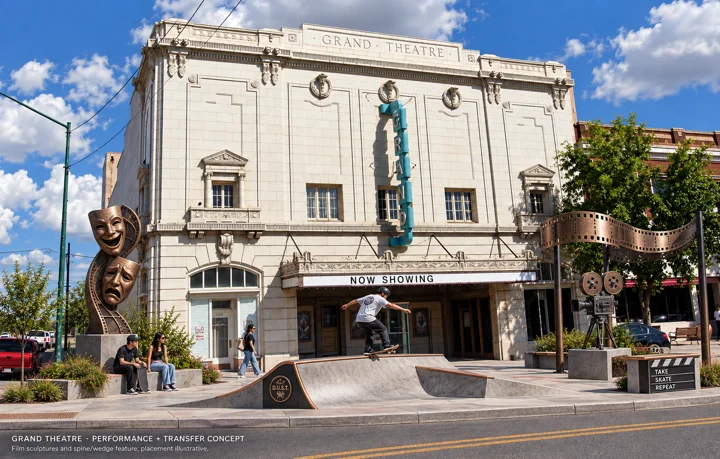 Grand Theatre concept with film sculptures and a compact skate feature