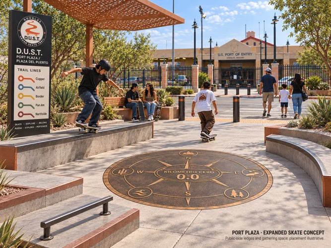 Port Plaza concept with compass, shade, and low ledges