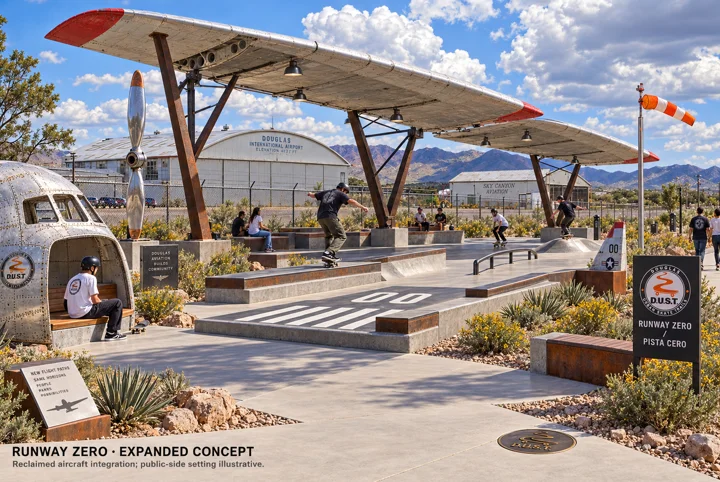 Runway Zero with aircraft wing canopies and runway-inspired skate features