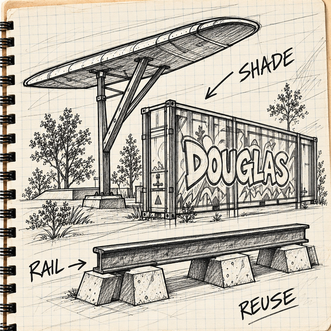 Ink sketches of aircraft wing shade and reclaimed railroad features