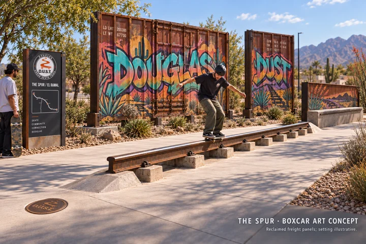 The Spur with a reclaimed rail and colorful freight-panel art
